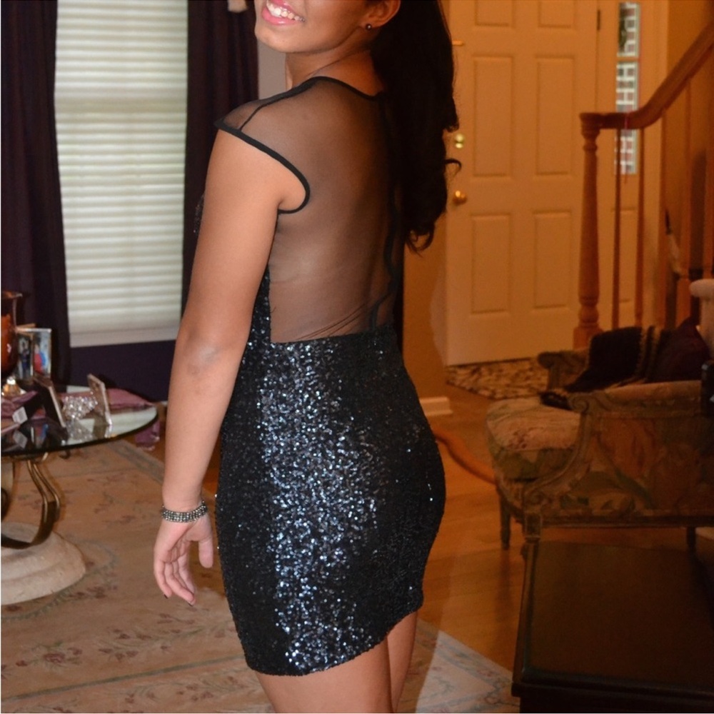 NEW Dress The Population Black Sequin Sheer Back Mesh Mini Dress